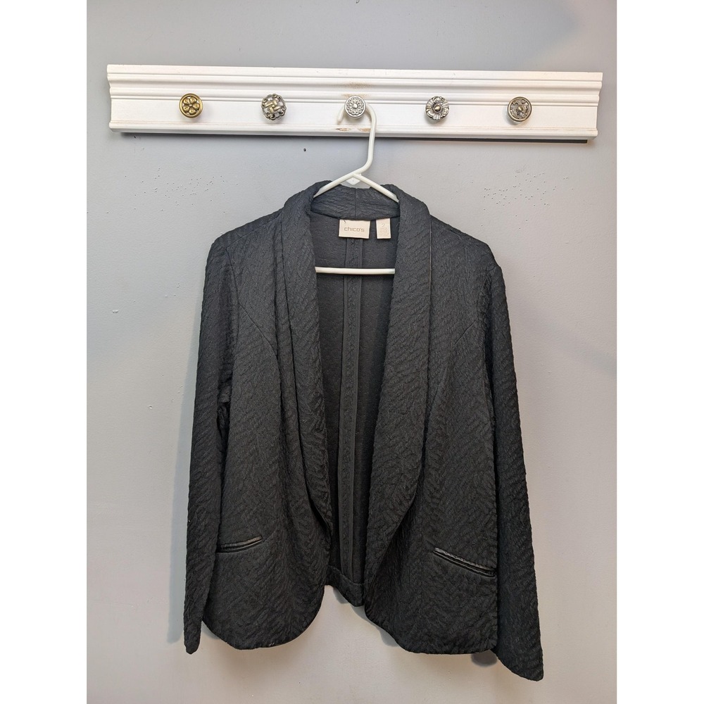 Chico's 2 Sweater Blazer Jacket Womens Large‎ Black Textured Open Front Pockets